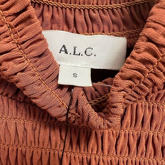 NWT A.L.C. Dana Smocked Top Short Sleeve Cropped in Deep Amber Brown Size S - Picture 6 of 7